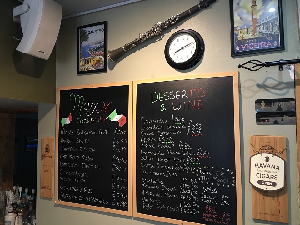 Drinks deserts menuBoard image at Max's Brasserie, Southampton